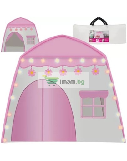 Детска палатка със светещи гирлянди от памучни топки розова